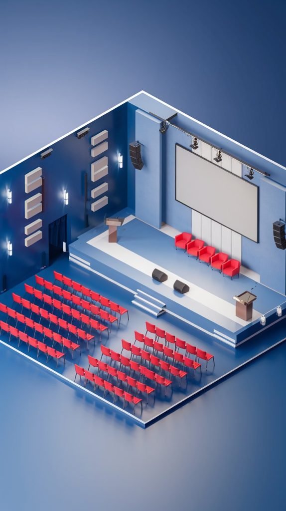 An isometric 3D view of a modern, spacious auditorium or conference hall. The hall is divided into two main sections: a seating area with red chairs and a stage area. The stage is equipped with a large screen, a few chairs, and a podium. The seating area is organized in rows, with each row having multiple chairs. The hall has a blue theme, with blue walls and a blue floor. There are also some decorative elements, like modern rectangular acoustic panels on the walls and a few wall-mounted lights.